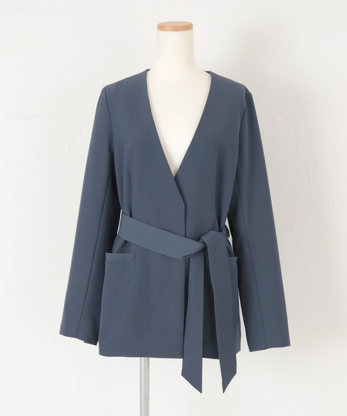 「ur's」 ノーカラージャケット L ネイビー レディース_画像2