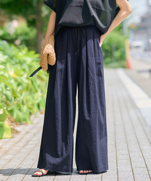 ワイドパンツ パンツ 「追加2」リネンコットンワイドギャザーパンツ レディースの画像
