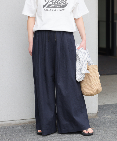 ワイドパンツ パンツ 「追加2」リネンコットンワイドギャザーパンツ レディースの画像