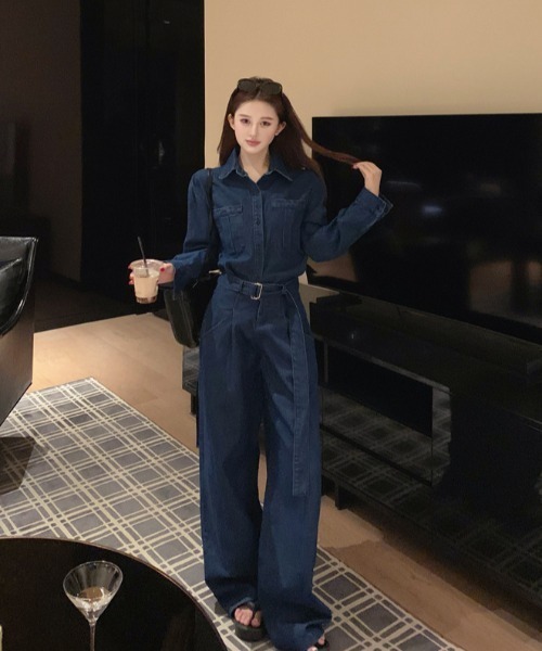 Aelina セットアップ デニムシャツ＆パンツセットアップ レディース