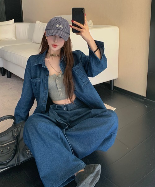 Aelina セットアップ デニムシャツ＆パンツセットアップ レディース
