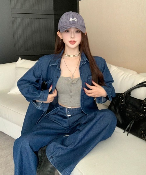 Aelina セットアップ デニムシャツ＆パンツセットアップ レディース