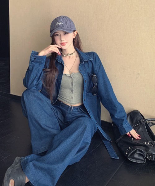Aelina セットアップ デニムシャツ＆パンツセットアップ レディース