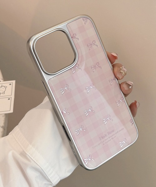 スマホケース きらめき シルバーピンクリボン チェック柄 iPhone