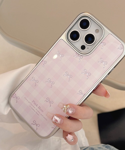 スマホケース きらめき シルバーピンクリボン チェック柄 iPhone