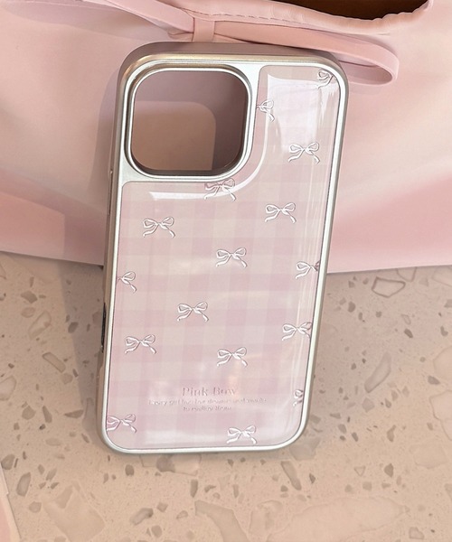 スマホケース きらめき シルバーピンクリボン チェック柄 iPhone