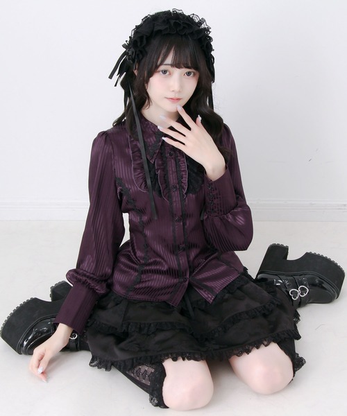 DearMyLove ブラウス シャツ ゴシック風バラレースフリルストライプ