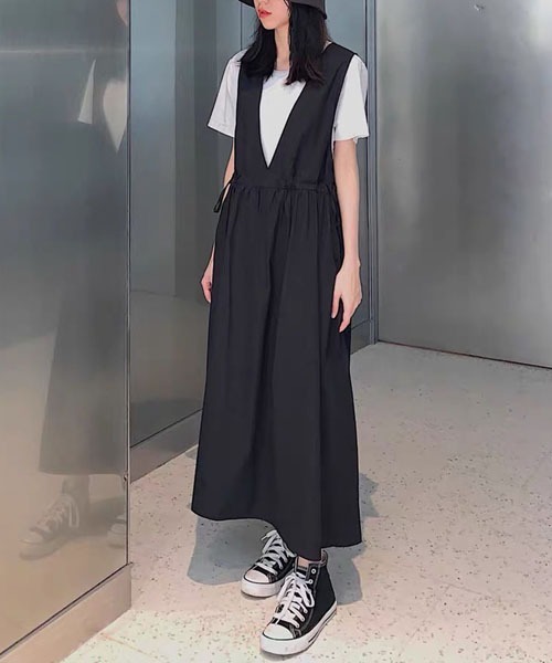Sov. カシュクール マキシ丈 ワンピース ブラック 38 リボン コットン gossip!ロサンゼルス ジャンパースカート コットン カシュクール
