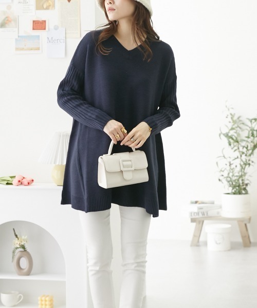 ニッセン（nissen） ニット セーター ガーター編みVネックフレア