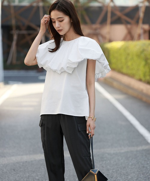 ELFRANK ブラウス シャツ バルーンカラーノースリーブブラウス「綿100