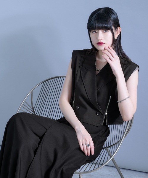 Ellno de Mavie ジップショートジレ ブラック Ellno de Mavie（エルノデメヴィ） ベスト ジレ 夏 ジップショートジレ