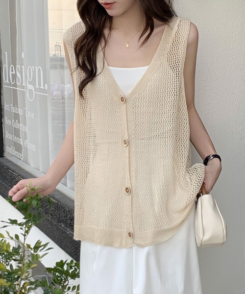 HYKE メッシュ編み ベージュ ニットベスト 中古・古着通販】HYKE (ハイク) メッシュ編みニットベスト