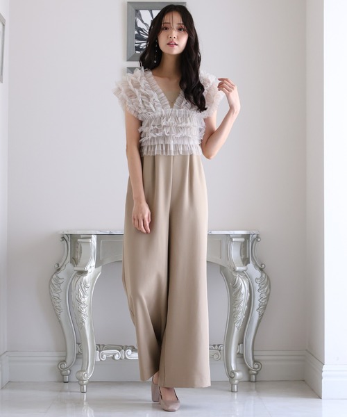 パーティードレス　チュール　ワイドパンツ PourVous パンツドレス ワイドフォーマルお呼ばれロング丈＆結婚