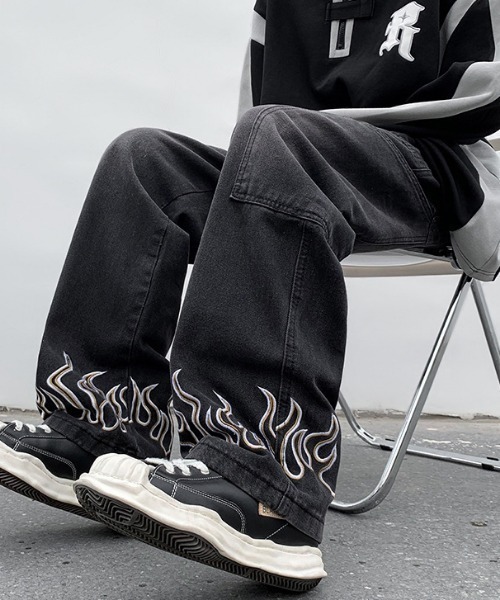 MGV ジーンズ ファイヤーパターンデニムパンツ メンズ レディース  