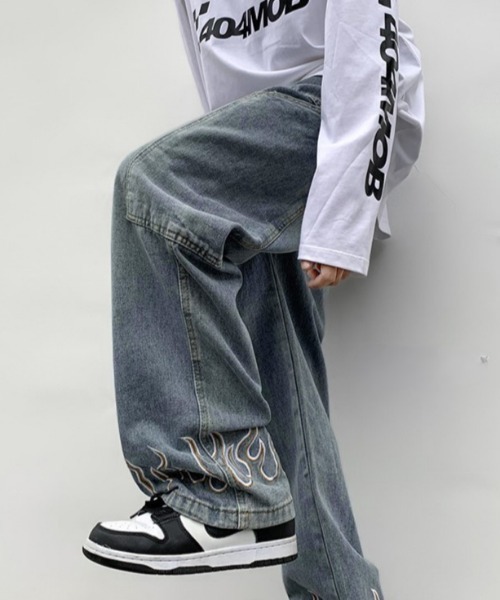 MGV ジーンズ ファイヤーパターンデニムパンツ メンズ レディース  