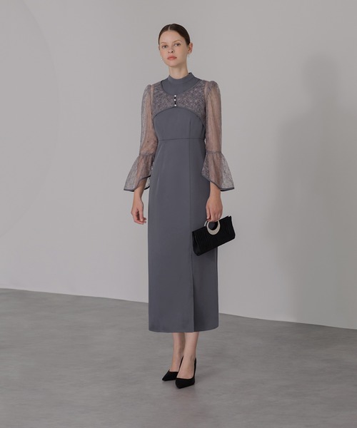 Leja レジャ 花柄 レースパールショート ボレロ Iライン ドレス 結婚式 Leja ドレス 「LEJA」花柄レースパールショートボレロスリットI