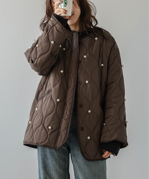 ジャケット ノーカラージャケット パール キルティングジャケット