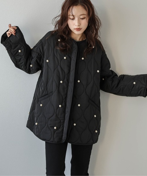 ジャケット ノーカラージャケット パール キルティングジャケット