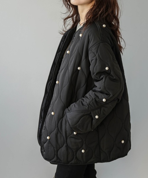 ジャケット ノーカラージャケット パール キルティングジャケット