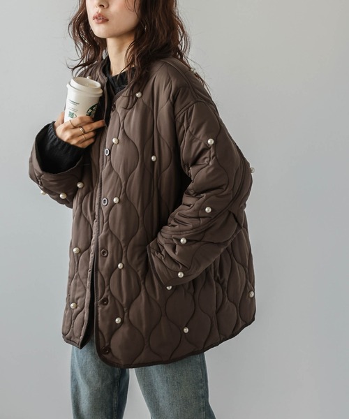 ジャケット ノーカラージャケット パール キルティングジャケット