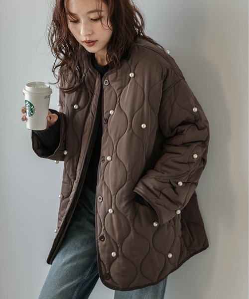 ジャケット ノーカラージャケット パール キルティングジャケット