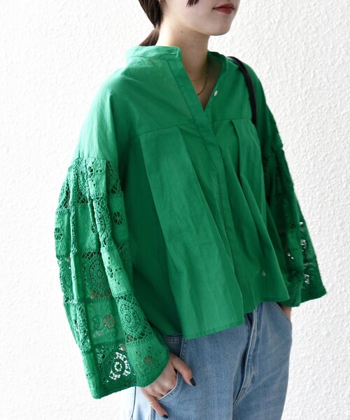 SHIPS for women / シップスウィメン SHIPS any:〈手洗い可能〉パッチワーク レース スリーブ バンドカラー シャツ SHIPS｜SHIPS any:<手洗い可能>パッチワーク レース スリーブ