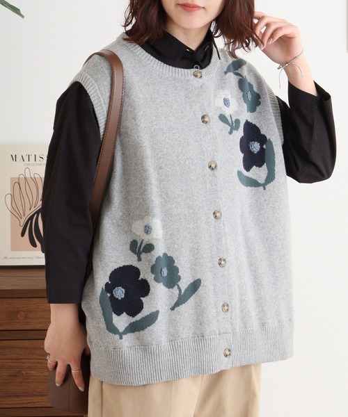 ベスト ジレ EMAGO 花の刺繍ジャガードベスト レディース