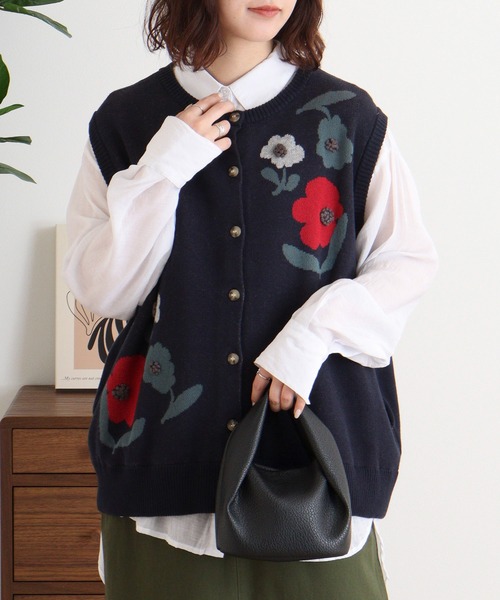 Emago ベスト ジレ EMAGO 花の刺繍ジャガードベスト レディース