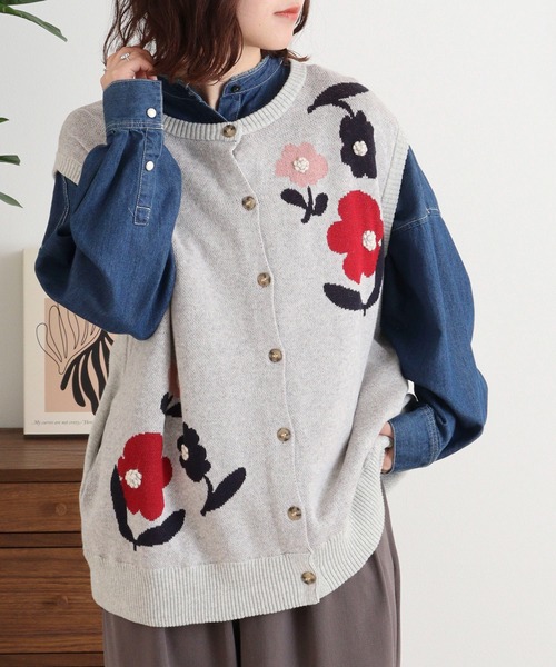 ベスト ジレ EMAGO 花の刺繍ジャガードベスト レディース Emago ベスト ジレ EMAGO 花の刺繍ジャガードベスト レディース