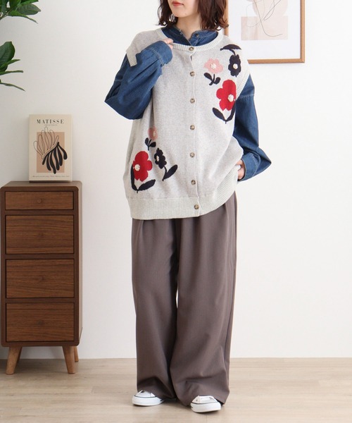 ベスト ジレ EMAGO 花の刺繍ジャガードベスト レディース Emago ベスト ジレ EMAGO 花ジャガードベスト レディース