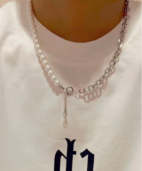 パールロゴネックレス L LABEL（エルラベル） ネックレス ハーフパール切替チェーン