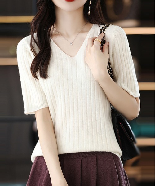 BLANC FICELLE ニット セーター ストライプ柄 半袖ニット レディース