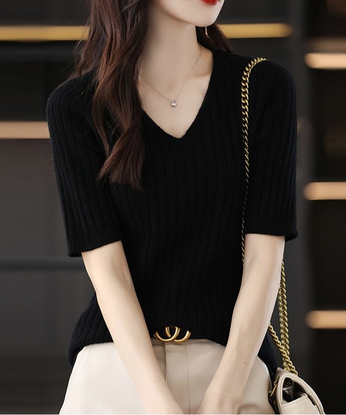 BLANC FICELLE ニット セーター ストライプ柄 半袖ニット レディース