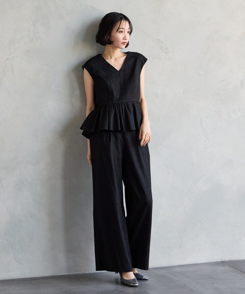 AIMER パンツドレス ふくれジャカードVネックペプラムブラウス