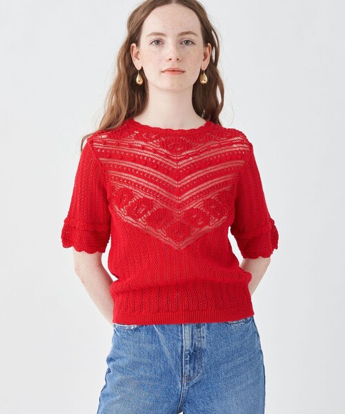 「MACPHEE」 半袖ニット S レッド レディース