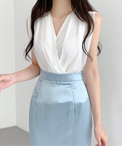 ブラウス シャツ カシュクールタックノースリーブトップス レディース