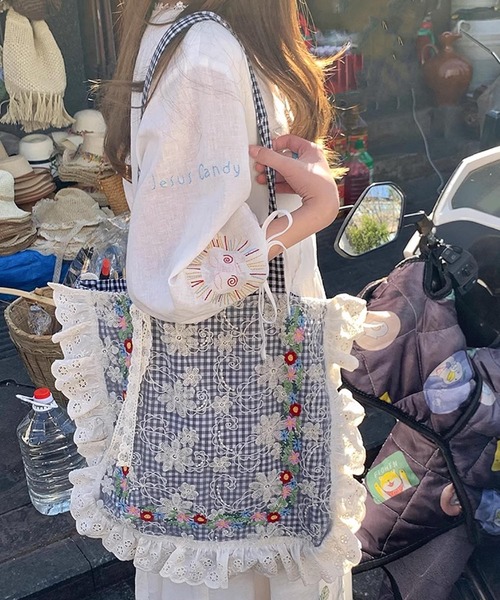 aimoha（アイモハ） トートバッグ レース×花柄フリルトートバッグ