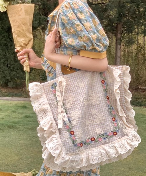 aimoha（アイモハ） トートバッグ レース×花柄フリルトートバッグ