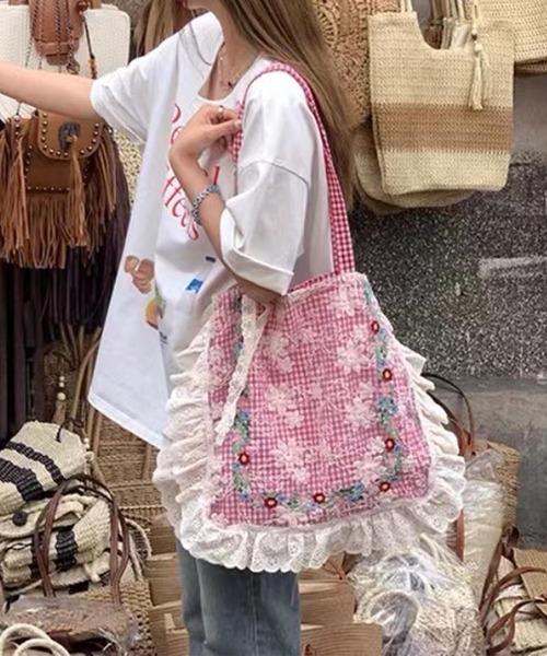 aimoha（アイモハ） トートバッグ レース×花柄フリルトートバッグ