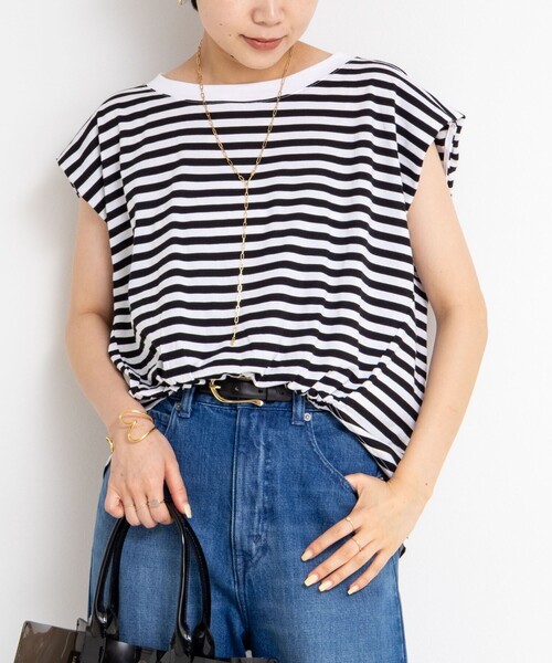 tシャツ フロントギャザーフレンチスリーブボーダーカットソー レディース
