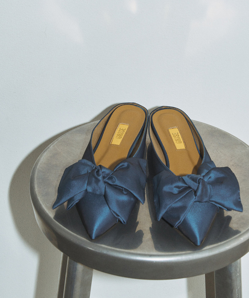 GRISE ブラックリボンミュール Lサイズ Le Talon GRISE シューズ GRISEポインテッドリボンミュール