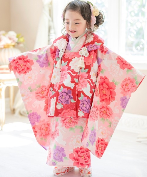 Catherine Cottage 赤花柄着物 110 Catherine Cottage 着物 花柄織入り着物ワンピース＆ 被布セット