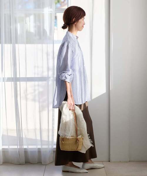 【新品・タグ付き】イエナ　ストライプバンドカラーシャツ　ピンク 36 シアーバンドカラーシャツ（シャツ／ブラウス）｜SLOBE IENA（スローブ