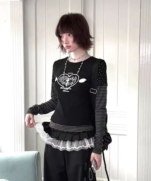 AsheKsha tシャツ Y2K可愛いトップス/フェイクツーピーストップス