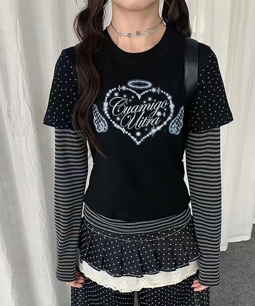 AsheKsha tシャツ Y2K可愛いトップス/フェイクツーピーストップス