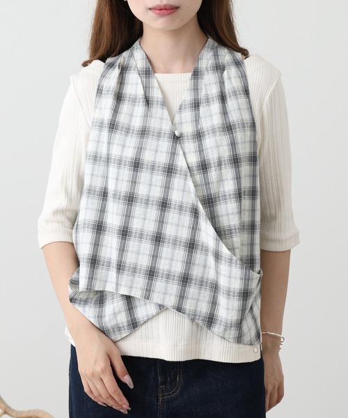 Crossi ベスト ジレ 夏 チェック柄カシュクールベスト レディース