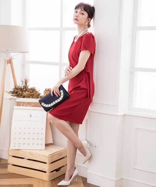 ドレス ペタル(チューリップ)スリーブサイドリボンドレーブワンピース レディース