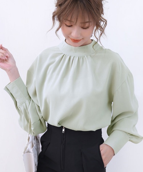 長袖ブラウス チェック柄ブラウス ブラウス シャツ レディース 女性用 長袖 スタンドカラー バルーンスリーブ バルーン袖 パフスリーブ バックリボン ブラウス シャツ バルーン袖 スタンドカラーブラウス レディース