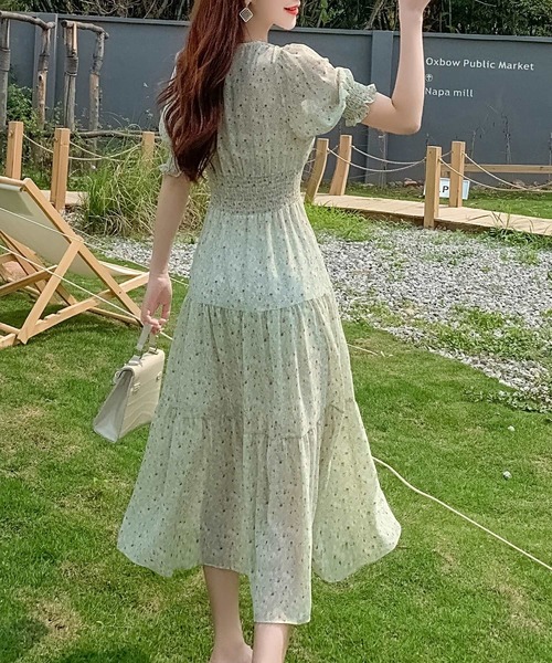 DABUWAWA上品 お花 バイカラー 半袖 スリム ショートワンピース ワンピース レディース 花柄 シフォン マキシワンピ 半袖 無地