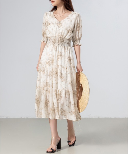 DAY CLOSET ワンピース 夏 半袖 レディース 半袖小花柄ウエスト
